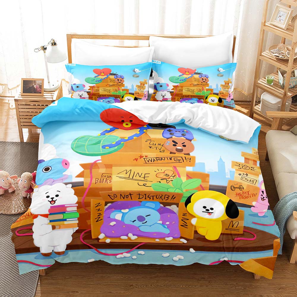 Bộ Ga Trải Giường + Vỏ Gối + Vỏ Chăn 2 Trong 1 In Họa Tiết BT21 BTS Có Thể Giặt Sạch Tiện Dụng