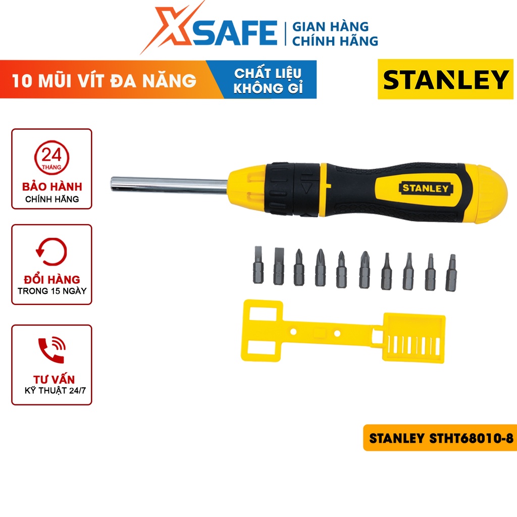 Bộ tua vít đa năng (10 mũi) STANLEY STHT68010-8 Bộ vít đa năng thép, tay cầm bọc cao su gồm 10 đầu mũi vít