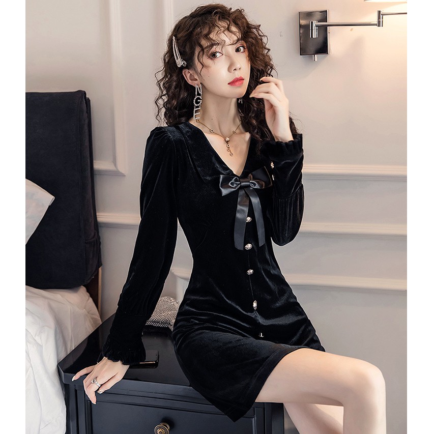 [SALE CHÀO HÈ] Váy nhung cổ chữ V có lót trong đính nơ lụa đen siêu sang chảnh