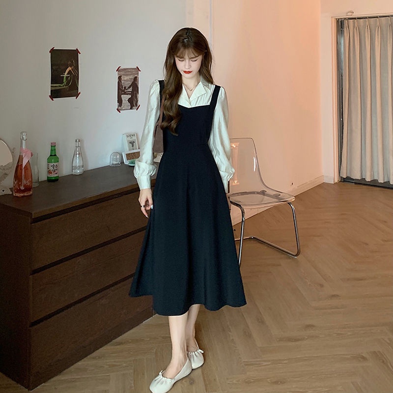 Đầm IELGY thiết kế kiểu chữ A giả hai lớp tay dài chiết eo phong cách Pháp thời trang cho nữ