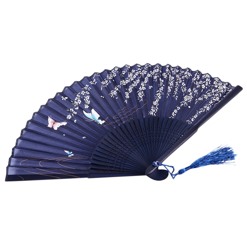 Quạt Xếp Cầm Tay Bằng Tre Họa Tiết Bướm Xanh Dương Đậm Và Hoa Trắng