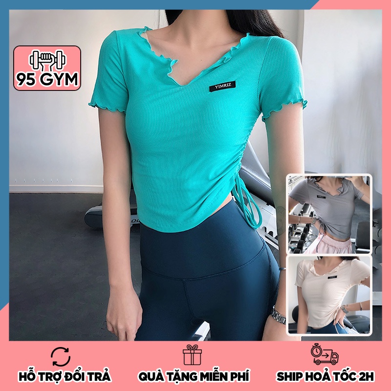 Áo tập gym yoga nữ cộc tay AC19 dáng áo croptop thể thao dây rút chất vải thun gân mềm mịn co giãn tốt