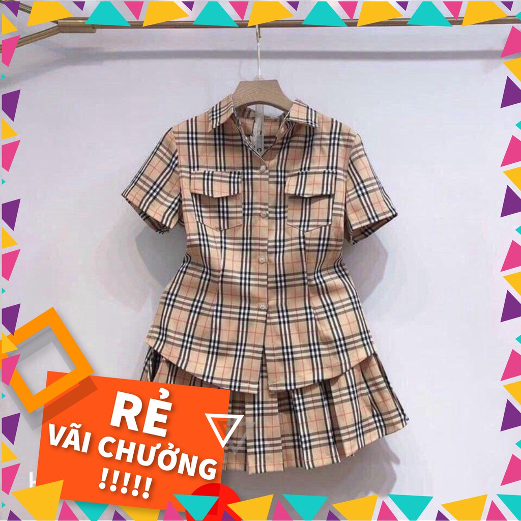 Sale 16S35B1 Set bộ caro áo sơ mi và chân váy xếp ly to BiBi sang trọng Sale