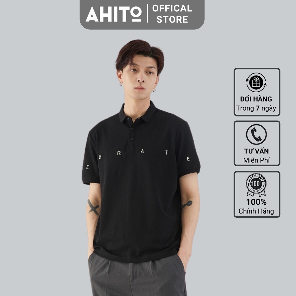 Áo Thun Polo Nam Ahito Cổ Bẻ Họa Tiết Chữ  Thêu Tay, Form chuẩn, Chất Cotton 100% Trẻ Trung Thời Trang
