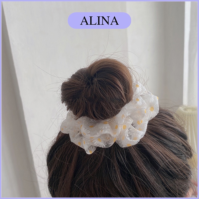 Dây Buộc Tóc Vải Hình Hoa Thêu, Cột Tóc Scrunchies Màu Pastel Xanh Hồng Dễ Thương Alina K4-V005