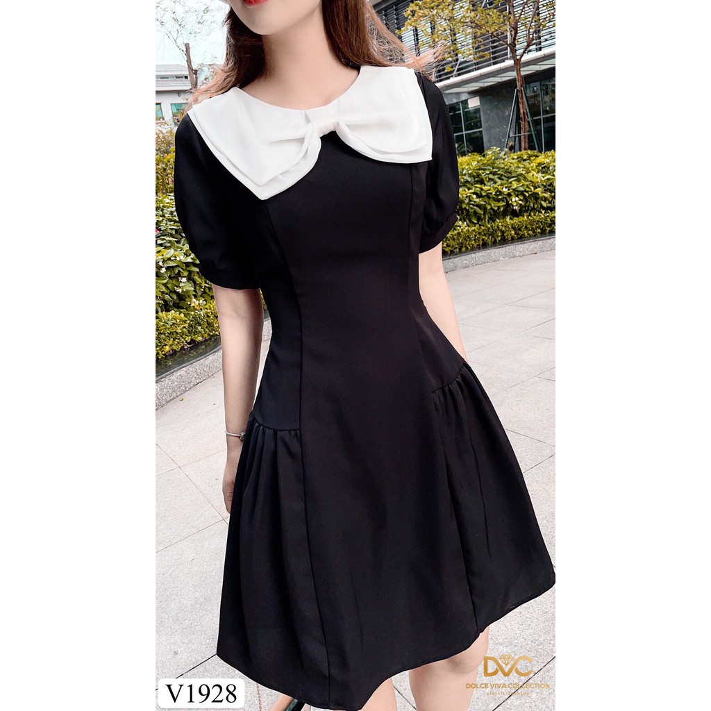 Váy đen xòe phối nơ trắng V1928 - Đẹp Shop DVC (Kèm ảnh thật trải sàn do shop tự chụp) | BigBuy360 - bigbuy360.vn