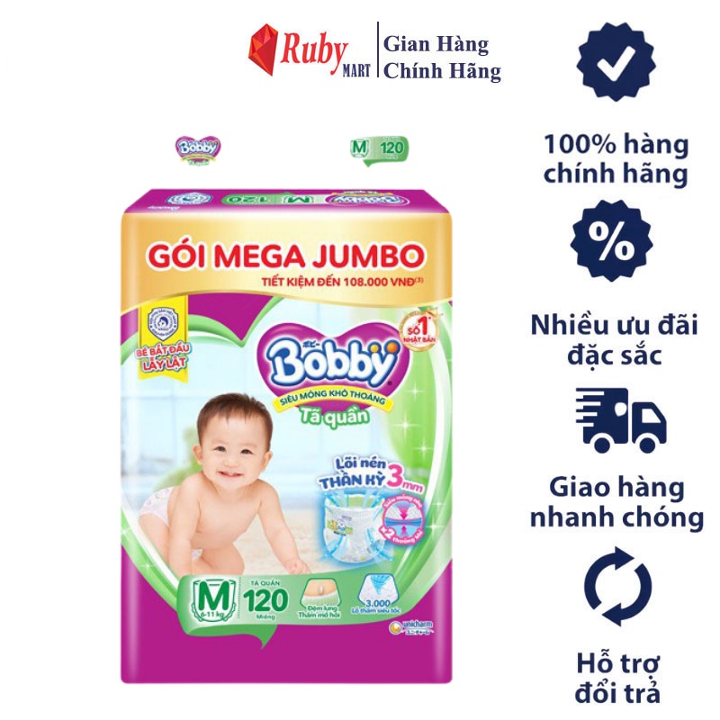 Tã quần Bobby mới Mega Jumbo M120/L104/M76/L68/XL62/XXL56/XXXL34