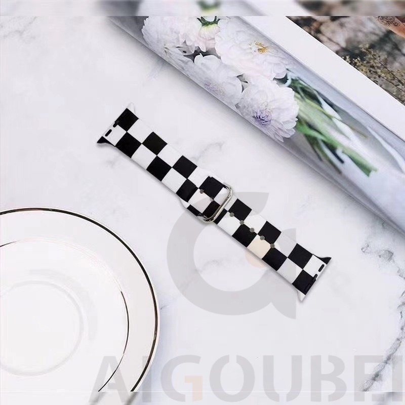 Dây Đeo Silicon Sọc Ca Rô Đen Trắng/Đen Cho Đồng Hồ Thông Minh Apple Watch 5/4/3/2/1 38MM 40MM 42MM 44MM