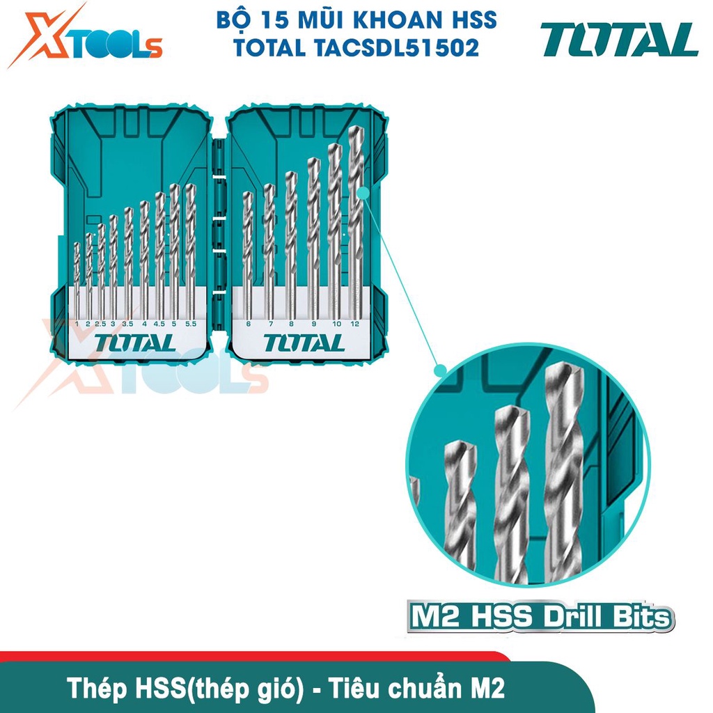 Bộ 15 mũi khoan đa năng TOTAL TACSDL51502 chất liệu HSS cứng cáp đa kích thước từ 1-12mm dùng khoan gỗ-CHÍNH HÃNG-XTOOLS