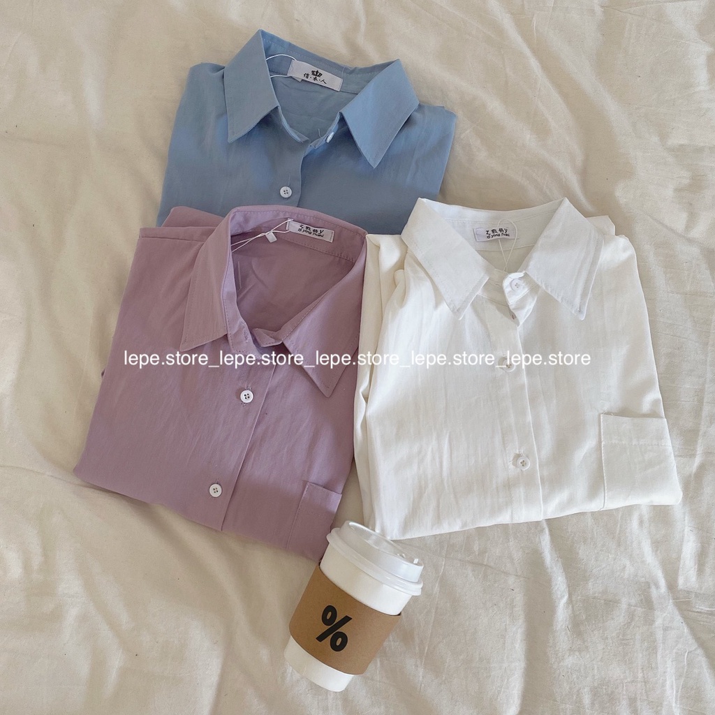 [SẴN] Áo Sơ mi trơn mặc được 2 kiểu vạt lệch 3 màu xanh tím trắng basic | BigBuy360 - bigbuy360.vn