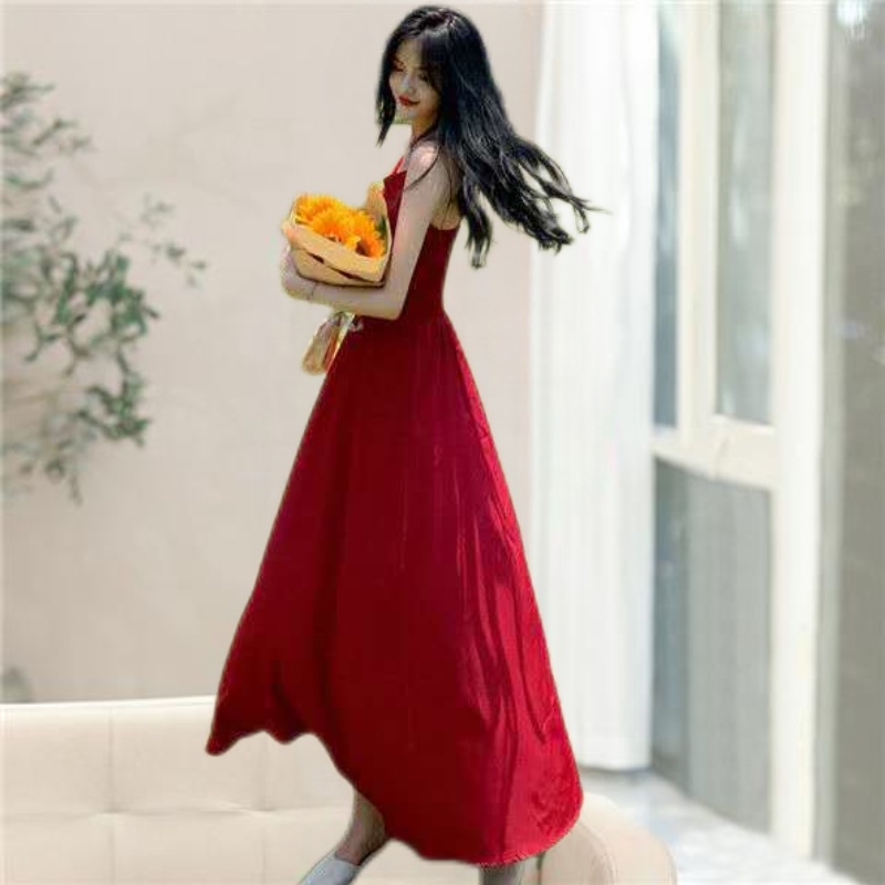 Jiashucheng Bộ Áo Liền Quần Hai Dây Dáng Ôm Màu Đỏ Thời Trang Khí Chất Hẹp @