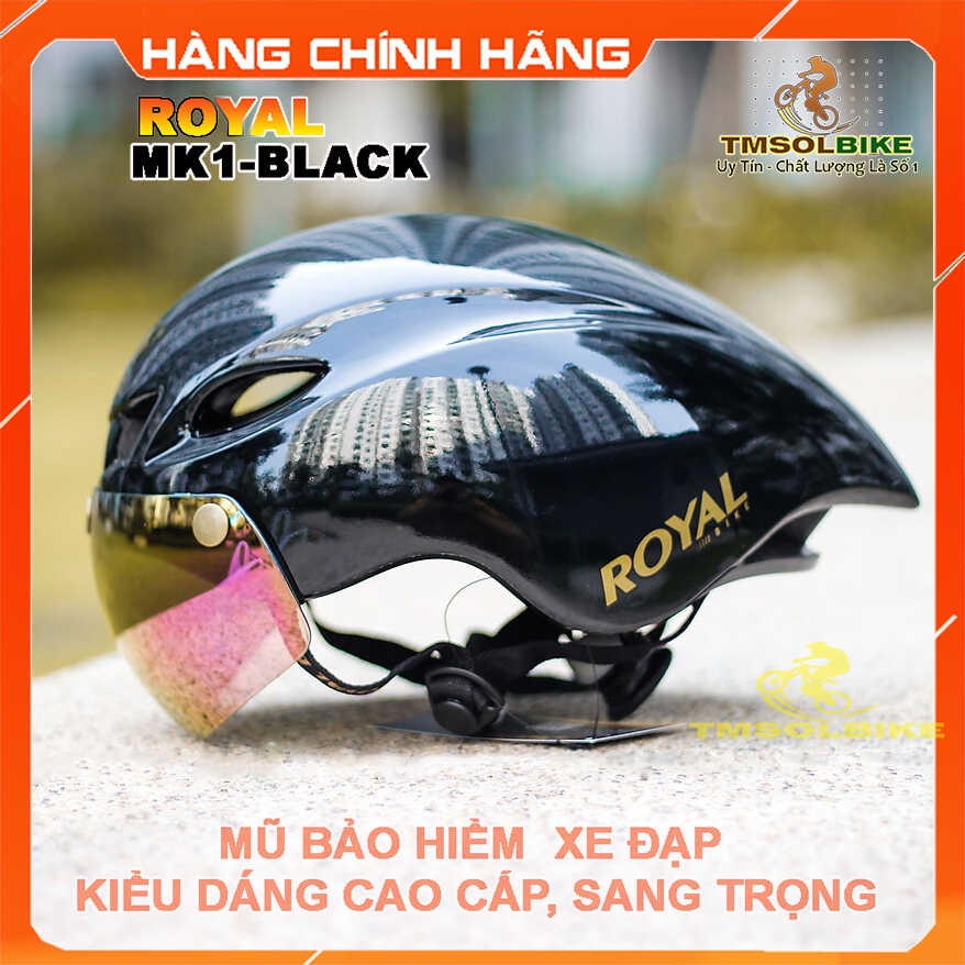 Mũ Bảo Hiểm Xe Đạp ROYAL Đen Bóng Có Kính , Kính Chống Bụi Chống Chói Cao Cấp, Nón Bảo Hiểm có Kính Che Sang Trong