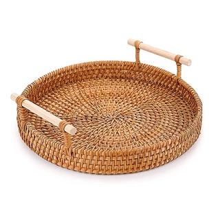Khay mây tròn có tay cầm, khay mây đựng đồ nóng, khay mây trang trí decor