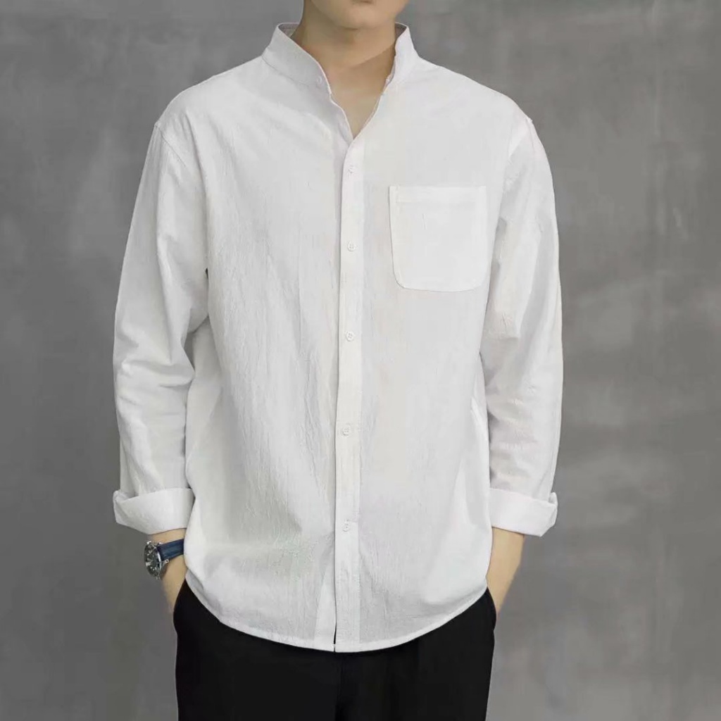 Áo Sơ Mi Tay Dài Cổ Đứng Bằng Vải Lanh Cotton Màu Trơn Phong Cách Harajuku Nhật Bản Đơn Giản
