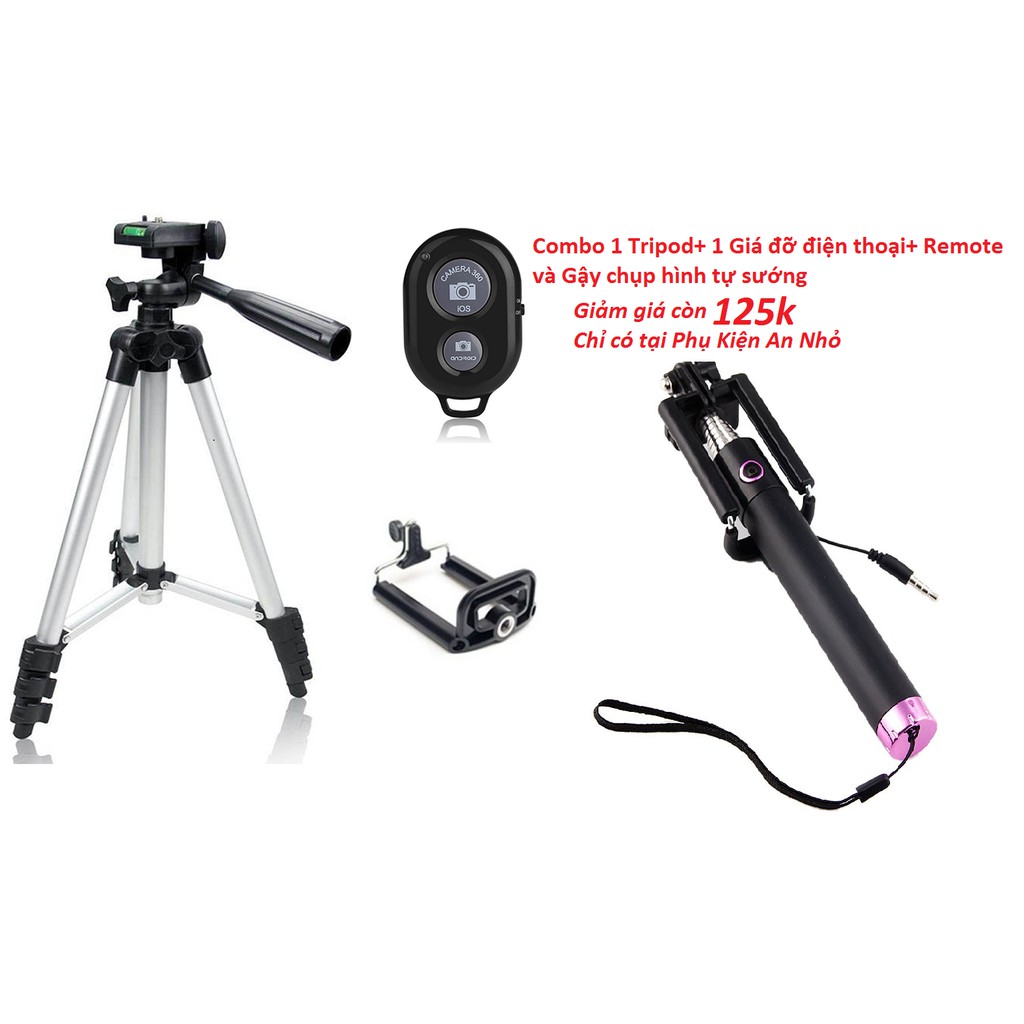 Combo 3 món chân đế chụp hình Tripod TF-3110+kẹp điện thoại+remote bluetooth tặng 1 Gậy tự sướng