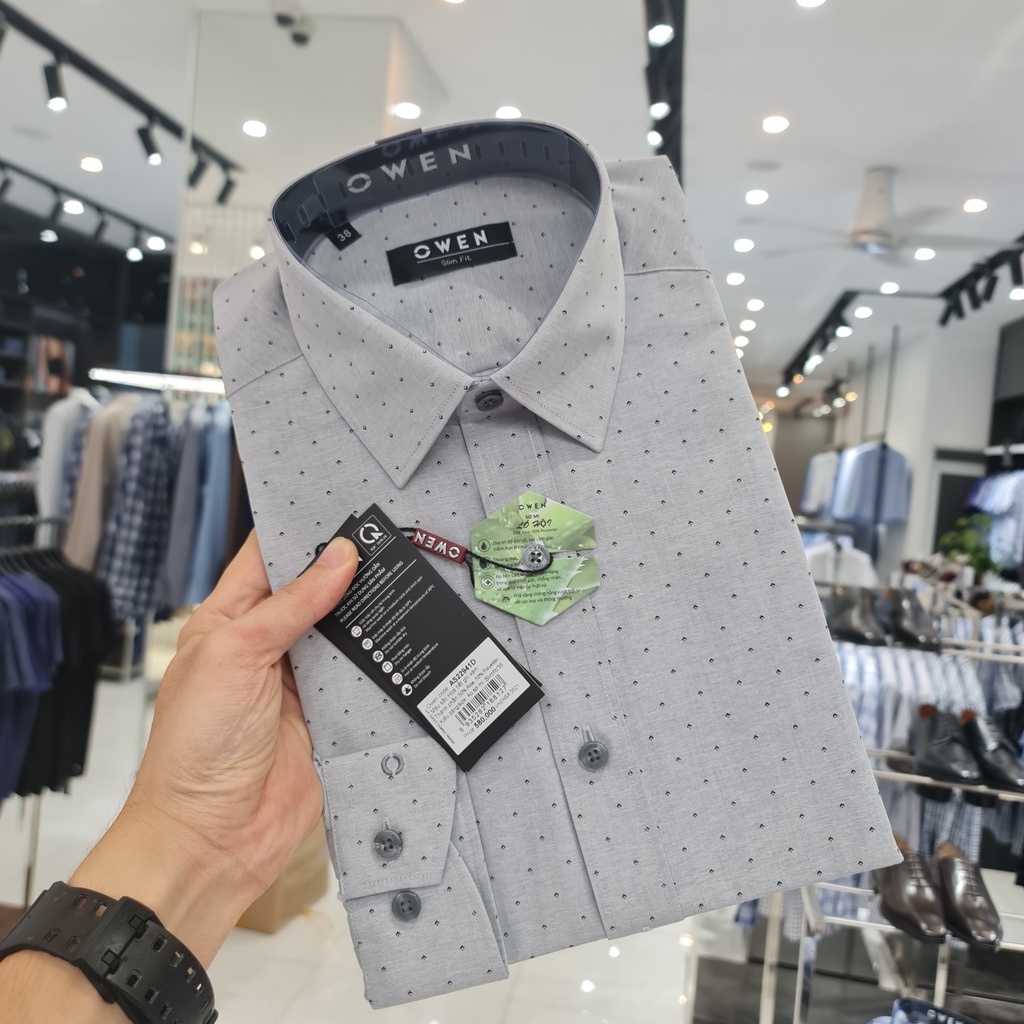 Áo sơ mi nam dài tay OWEN AS22941D somi công sở vải lô hội cao cấp màu ghi chấm bi dáng ôm tà lượn không túi