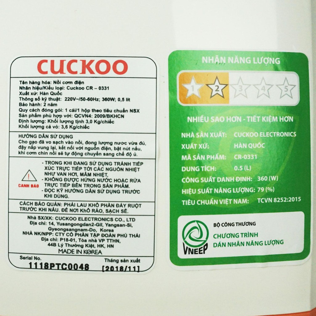 [Mã ELHADEV giảm 4% đơn 300K] Nồi cơm điện Cuckoo CR0331 Hàn Quốc chính hãng bảo hành toàn quốc