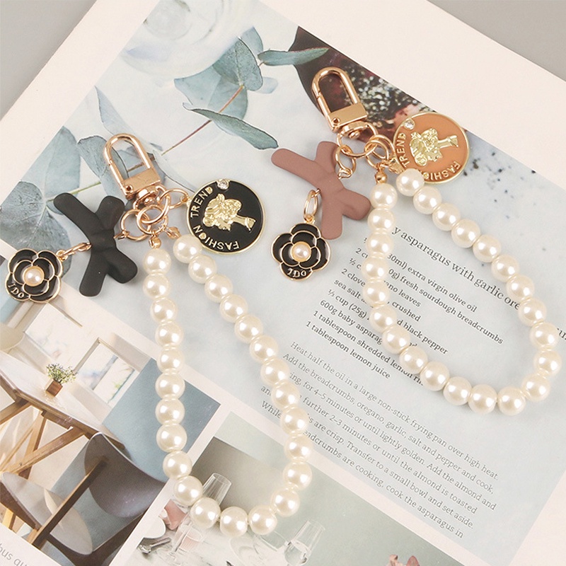 Móc khóa trang trí túi xách/điện thoại hình bông hoa và nơ phối chuỗi hạt ngọc trai nhân tạo tinh tế