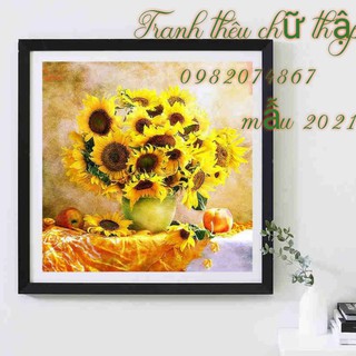 [ Ảnh thật ] TRANH THÊU CHỮ THẬP BÌNH HOA HƯỚNG DƯƠNG CHỈ LỤA, CHỈ COTTON