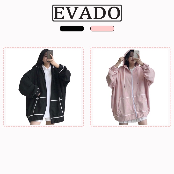 Áo khoác nữ form rộng có mũ thu đông hoodie phồng phối viền chất nỉ bomber kiểu cardigan màu đen ulzzang EVADO HD02 | BigBuy360 - bigbuy360.vn