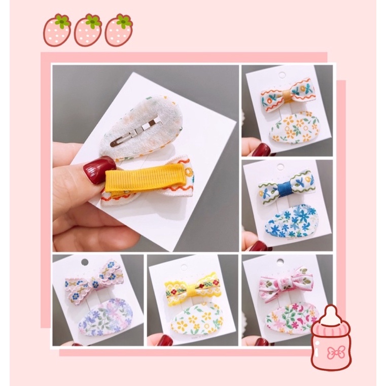 Kẹp nơ hoạ tiết thêu và kẹp nhỏ hoa mùa hè cho bé tóc ít