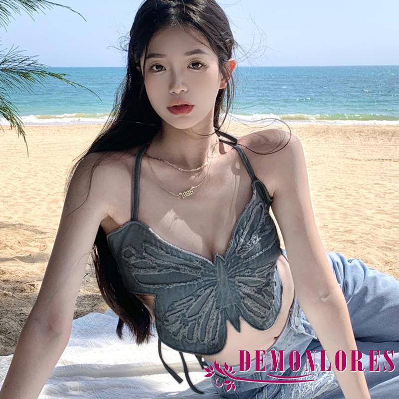 Áo Lửng Không Tay Cổ Yếm Hở Lưng In Hình Bướm 3D Thời Trang Mùa Hè Dành Cho Nữ
