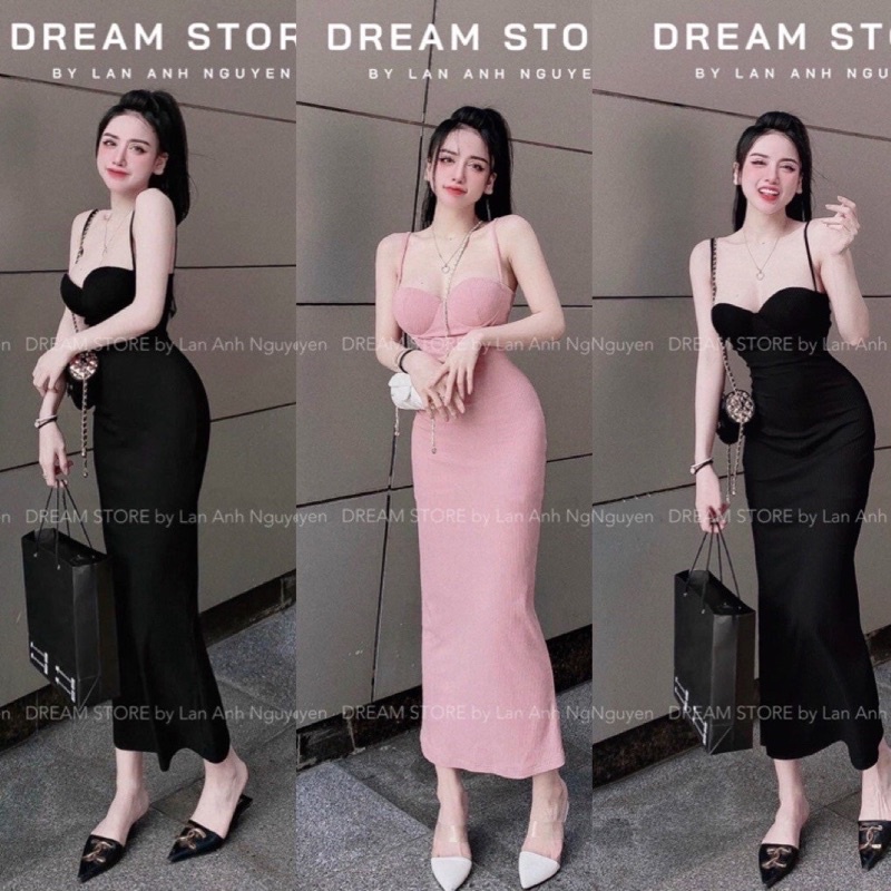 ĐẦM ÔM BODY 2 DÂY CÚP NGỰC CÓ MÚT DÁNG DÀI, VÁY DỰ TIỆC SEXY 3 MÀU XANH HỒNG ĐEN - 1270