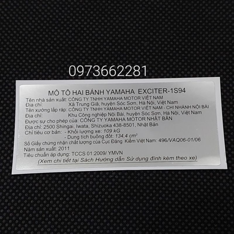 Tem dán càng gắp EXCITER 2011.1S94, Tem thông số năm Sản xuất 135