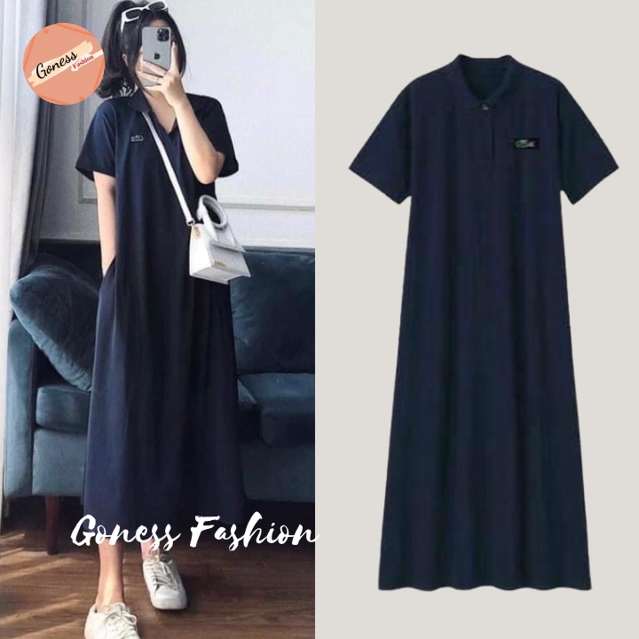 Đầm thun polo nữ Goness váy suông dáng thể thao màu xanh than chất cotton cao cấp mềm mịn co giãn thông thoáng bền đẹp