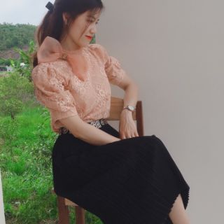 Áo ren tiểu thư,cổ phối nơ voan