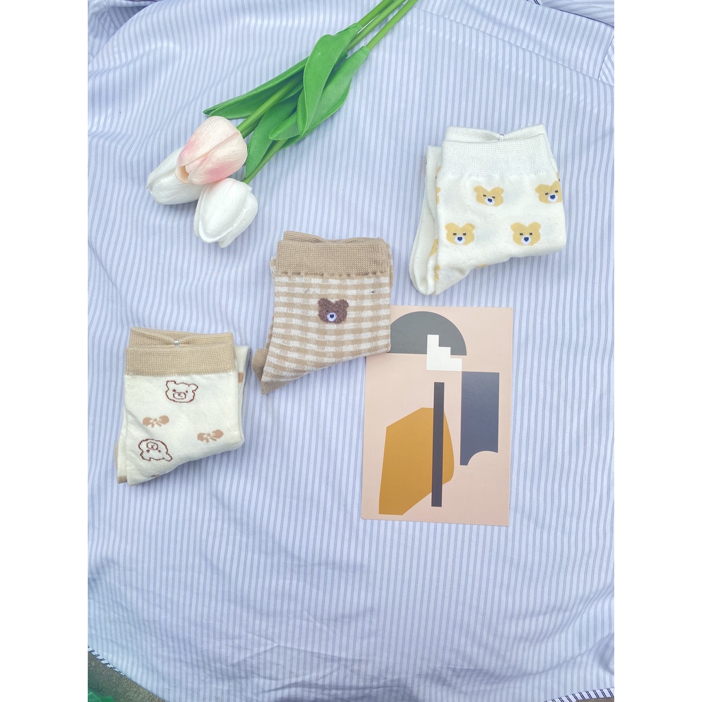 Tất cổ cao Muzini tất nữ tone nâu in họa tiết gấu dễ thương TN221