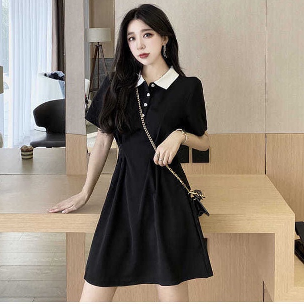 Đầm Đen Tay Ngắn Cổ Polo Ôm Eo Thời Trang Mùa Hè 2022