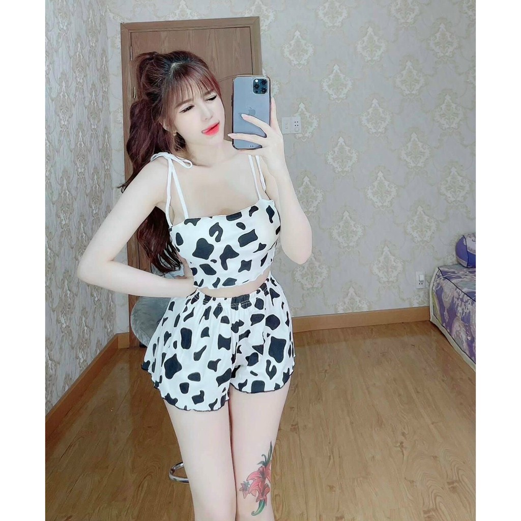 sét bộ đùi bò sữa áo kiểu 2 dây cột vai