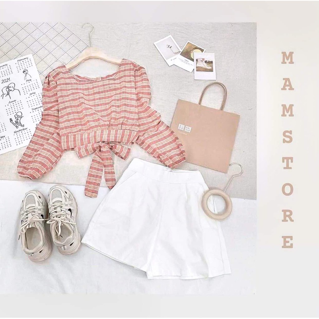 Áo croptop tay dài quần sooc đũi set bộ nữ cao cấp dễ thương thiết kế mùa thu 2021 07DMN009 (ảnh + video thật)