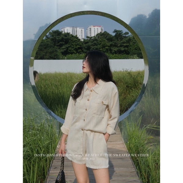 Set áo dài tay dạ tweed kèm quần short cạp chun the.sweaterweather TSW (ảnh thật)