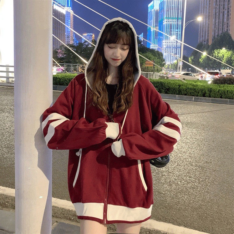 Áo Khoác Hoodie Khóa Kéo Dáng Rộng Thời Trang Mùa Đông Hàn Quốc Dành Cho Nữ