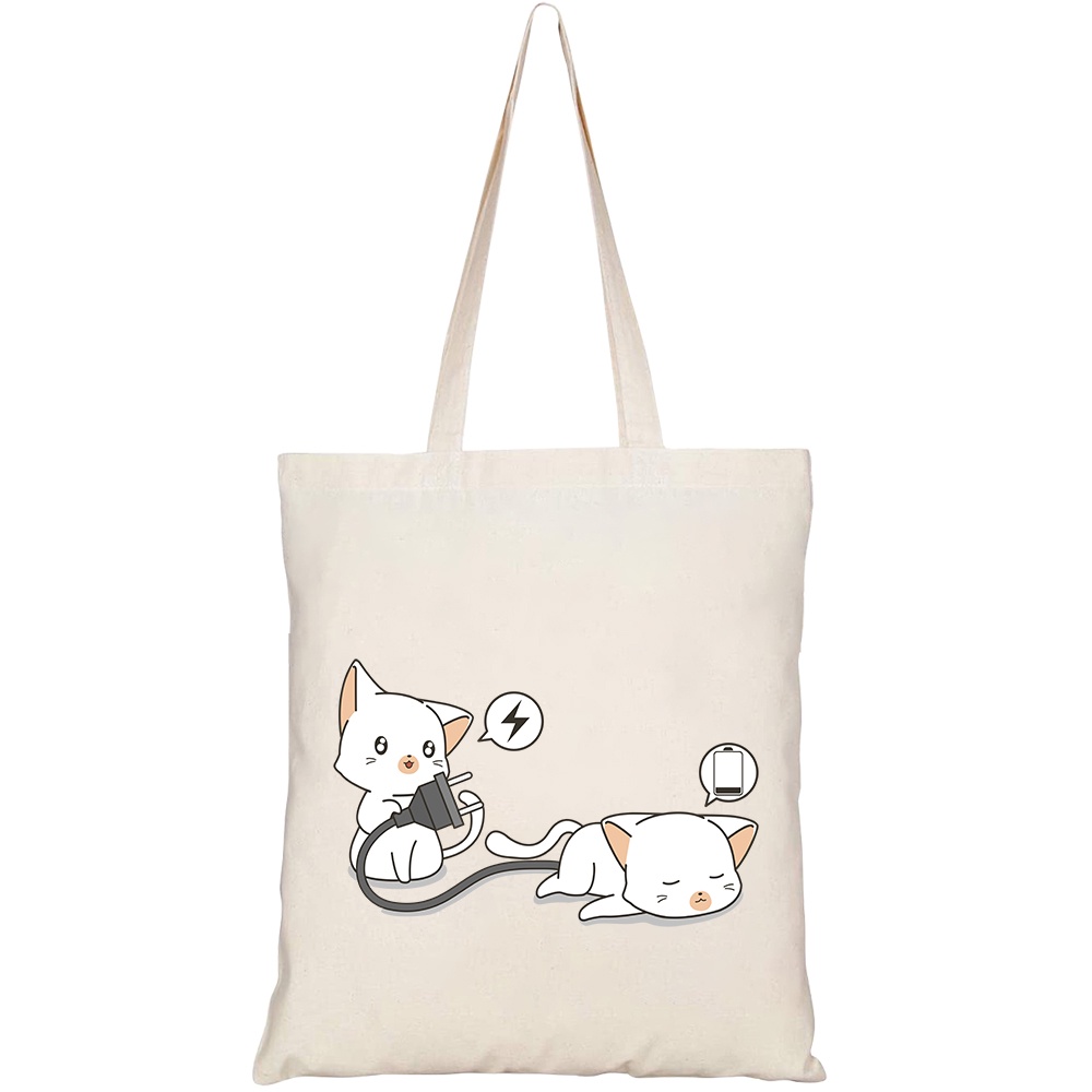 Túi vải tote canvas HTFashion in hình adorable cat is holding plug looking charging HT123