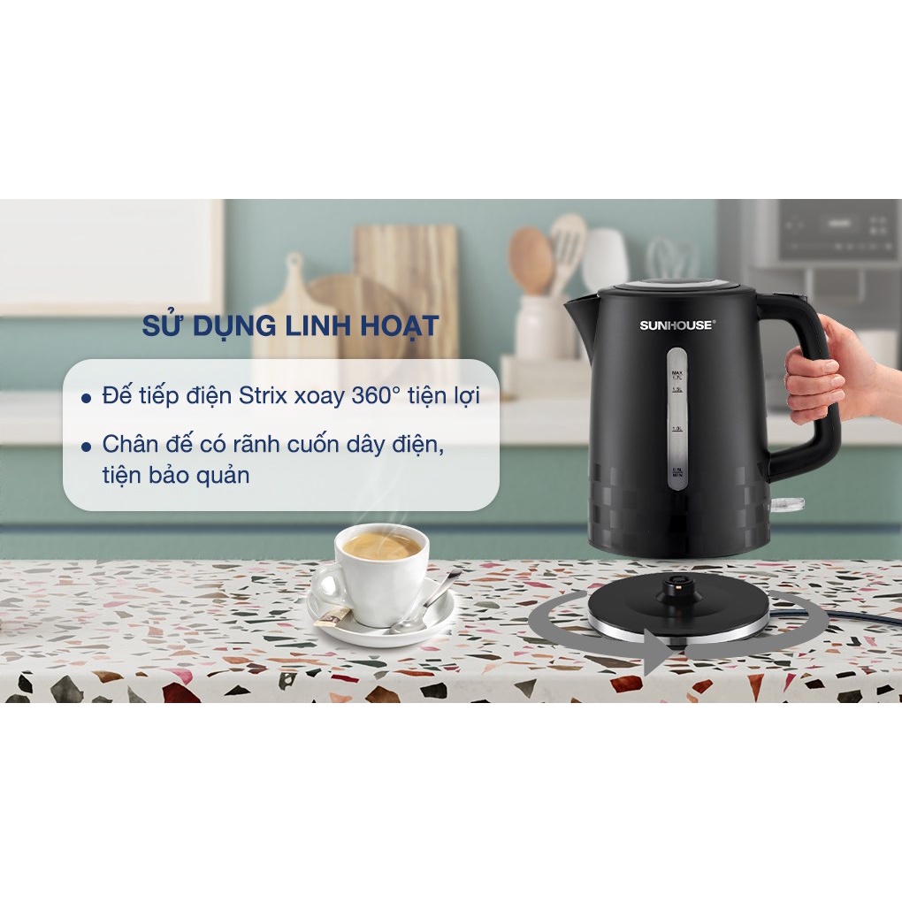 Ấm siêu tốc, bình siêu tốc nhựa cao cấp 1.7L SUNHOUSE SHD1306, bảo hành toàn quốc 12 tháng