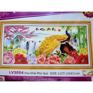Tranh thêu chữ thập chim công hoa khai phú quý (chưa thêu) LV3054