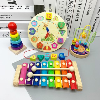 Combo 4 món đồ chơi gỗ đàn xylophone 8 quãng đông hồ báo thức tháp cầu vồng tháp luồn hạt