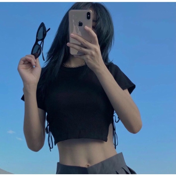 Croptop 2 mảnh phối dây eo nữ - Áo phông cộc tay cổ tròn crt xẻ eo ulzzang tiểu thư