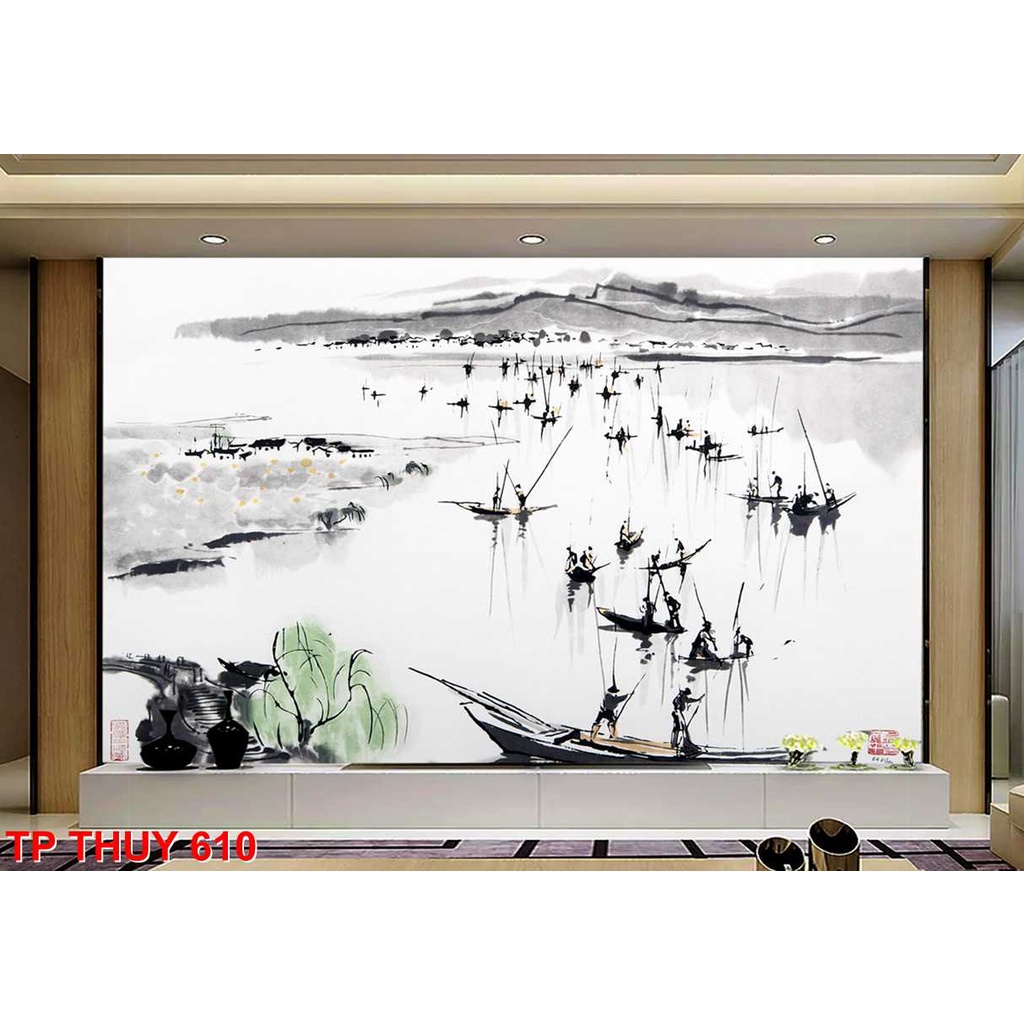 Tranh thủy mặc dán tường 3D phong thủy cho phòng khách, nhà hàng