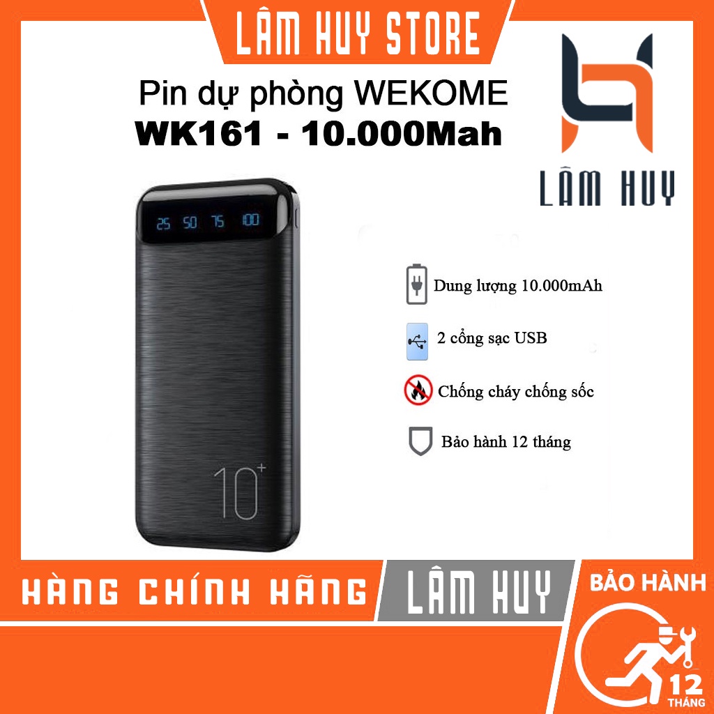 Sạc dự phòng WK WP161 - 10000mAh 2 cổng sạc USB, có màn hình LED, siêu mỏng, siêu nhẹ