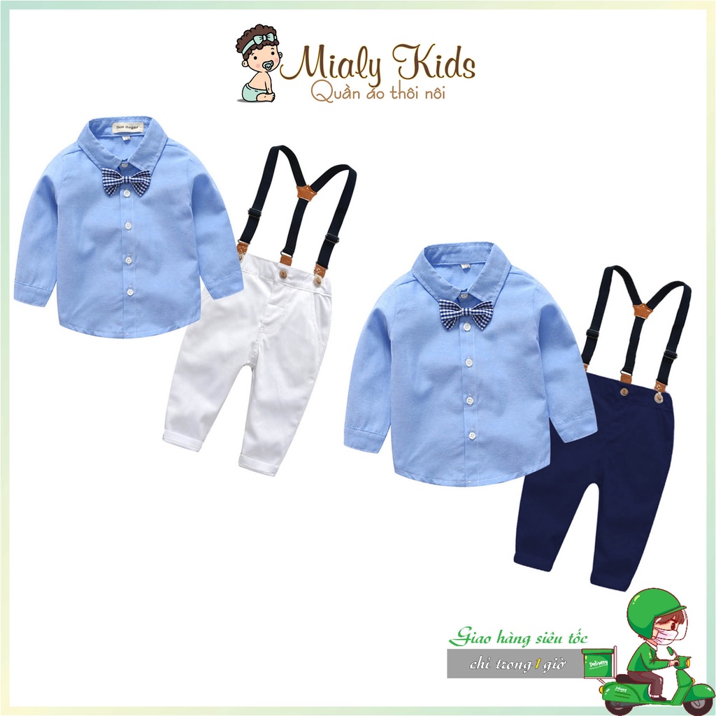 Set yếm công tử quần trắng và áo sơmi xanh Mialy Kids cho bé trai (8-21kg) - Áo sơmi cùng quần kaki mềm đẹp