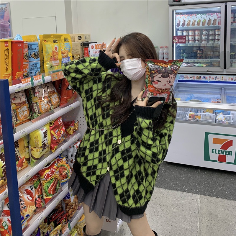 Áo Khoác Cardigan Dệt Kim Tay Dài Dáng Rộng Họa Tiết Kim Cương Thời Trang Hàn Quốc | BigBuy360 - bigbuy360.vn