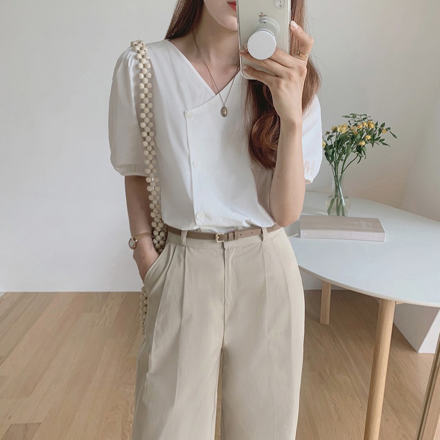 Áo Sơ Mi Tay Ngắn Cổ Chữ V Màu Trơn Dễ Thương Dành Cho Bạn Nữ 34772