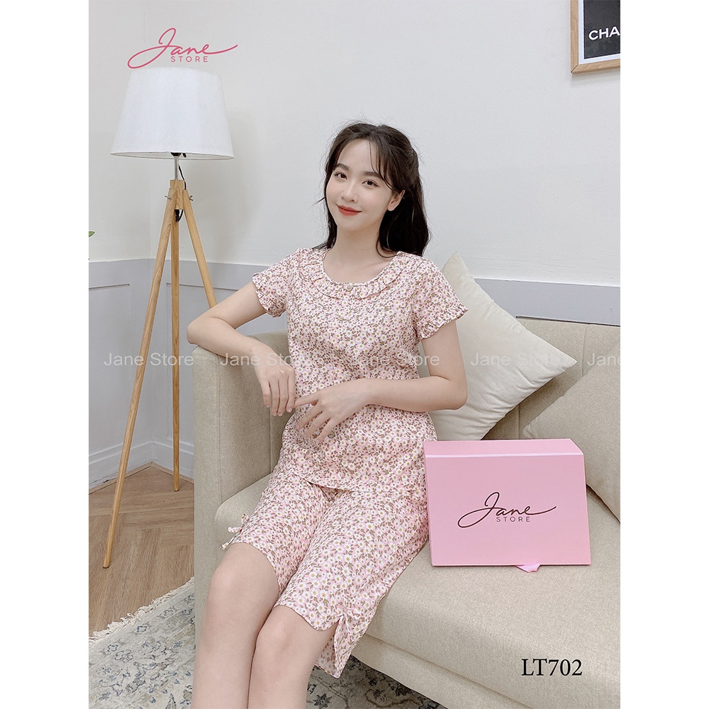 Đồ bộ mặc nhà chất thô mềm thoải mái, đồ ngủ thiết kế cổ bèo quần lửng họa tiết hoa nhí nhẹ nhàng JANE mã LT70