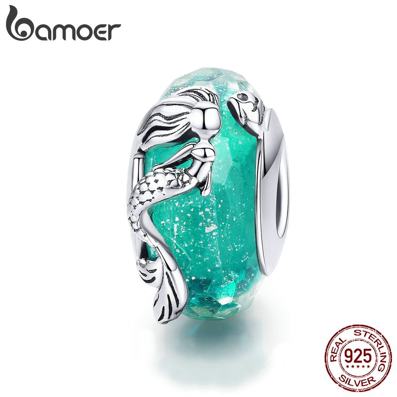 Hạt cườm Bamoer hình tiên cá màu xanh lam làm vòng tay trang sức