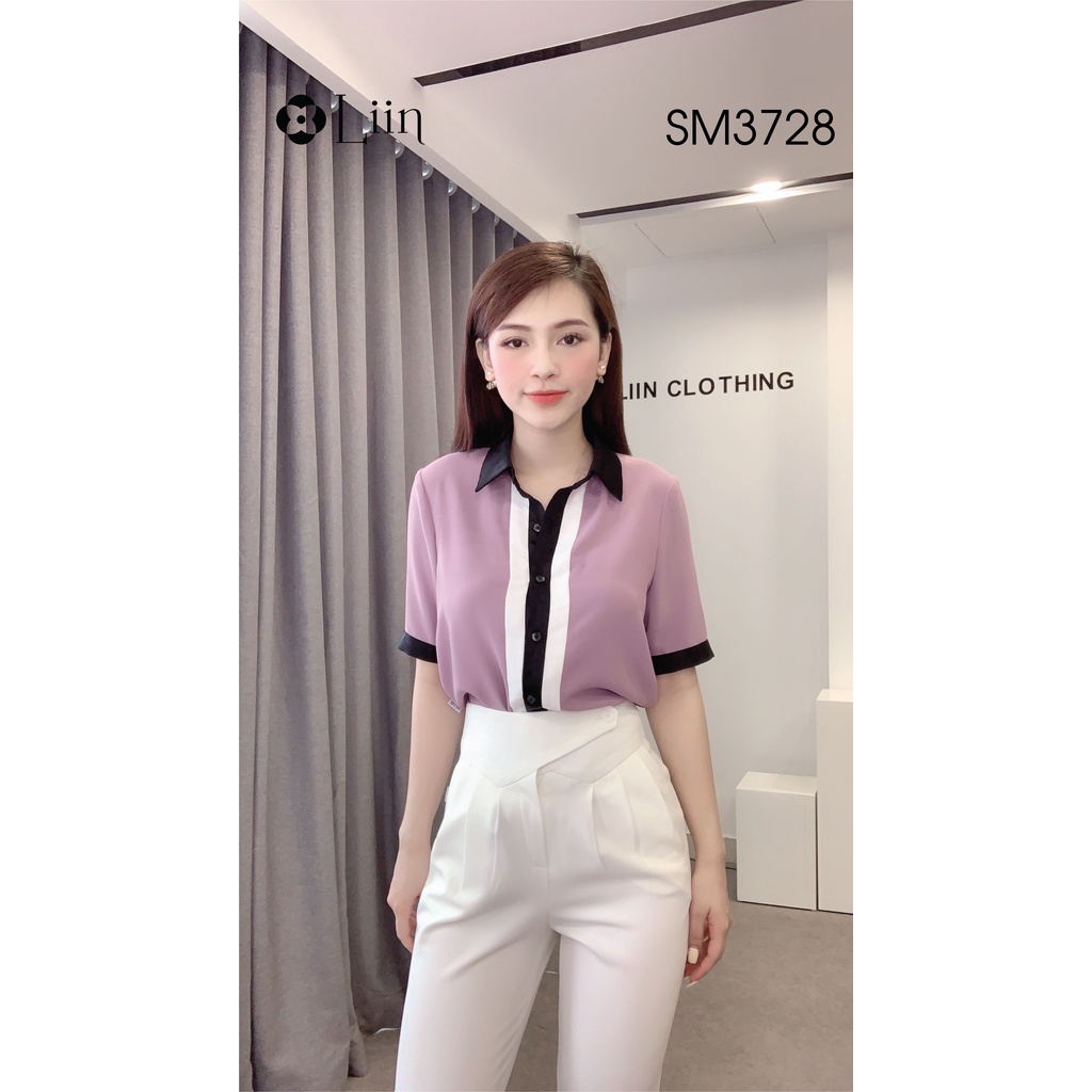 Áo sơ mi màu tím cách điệu Viền Đen Trắng kiểu dáng cộc tay năng động Liin Clothing SM3728