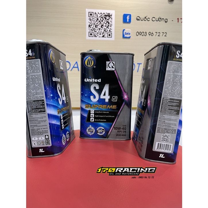 (HCM) Nhớt Xe Tay Ga UNITED OIL S4 4T SUPREME SAE 10W40 100 SYNTHETIC Dung Tích 1000 ML